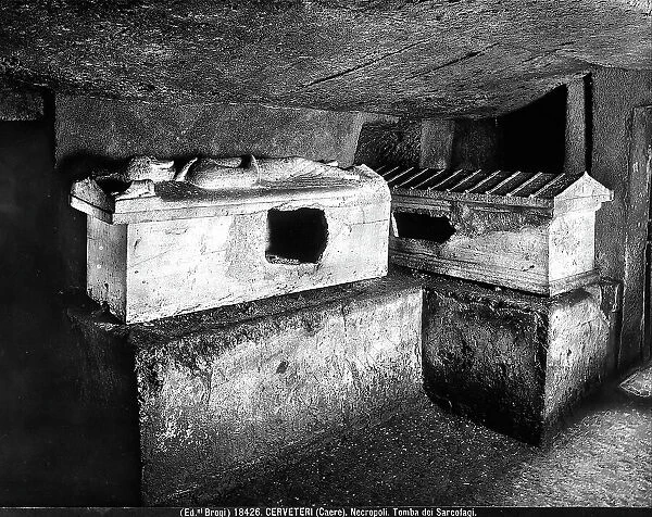 Two alabaster sarcophagi, one of which has a sculpted figure on the lid, in the Tomb of the Sarcophagi in Cerveteri
