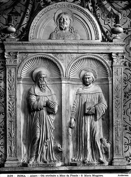 Altarpiece with St. Jerome and St. Bernard, bas-relief work attributed to Mino da Fiesole, in the Basilica of S. Maria Maggiore, Rome