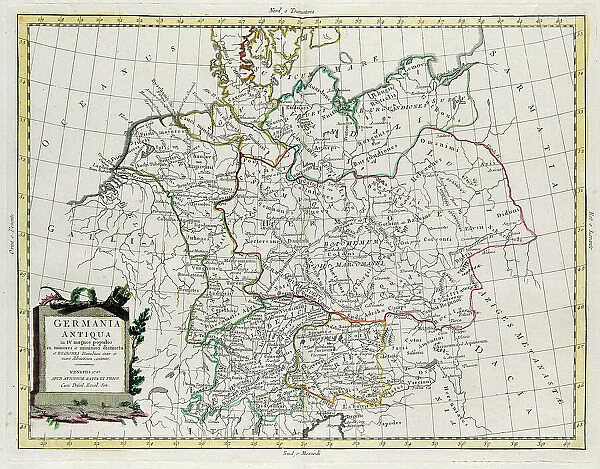 Ancient Germany divided into IV great peoples, distinguished by lesser and least tribes and regions of the Danube contained between it and the Adriatic Sea, engraving by G. Zuliani taken from Tome I of the 'Newest Atlas' published in Venice in 1785 by Antonio Zatta, Private Collection