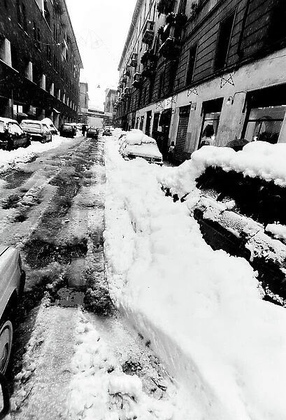 Animated view with city street after a snowfall