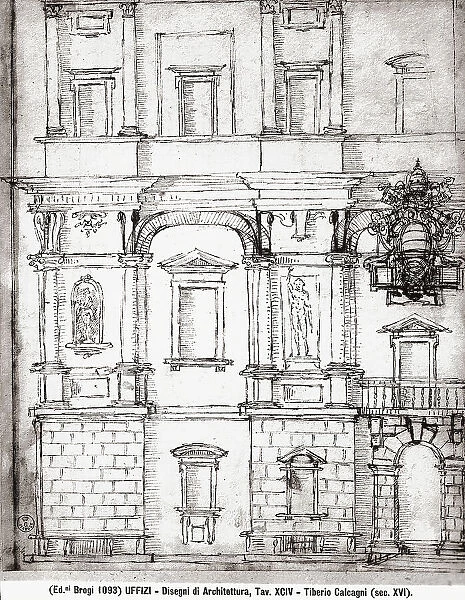 Architectural drawing of a building faade, by Tiberio Calcagni. Gabinetto dei Disegni e delle Stampe, Uffizi Gallery, Florence