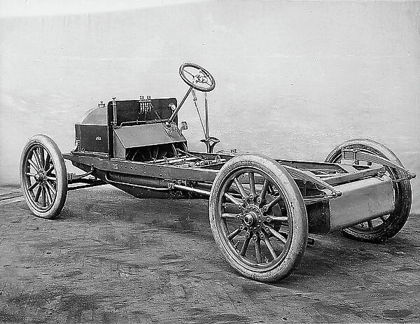 Automobile under construction, made by the Florentia automobile company in the early 1900s