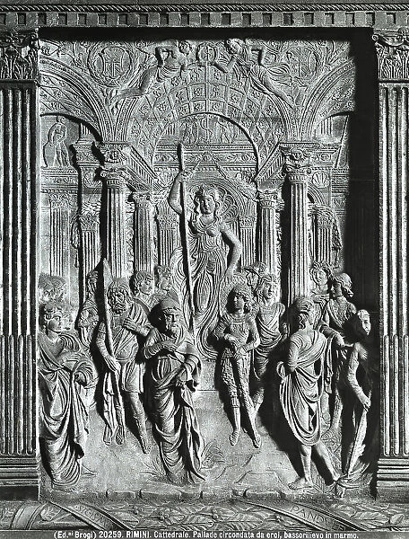 Bas-relief representing Minerva among a group of heroes, detail of the Ark of Ancestors and the Descendants. Work by Agostino di Duccio, preserved in the Chapel of Our Lady of the Water. Malatestiano Temple, Rimini