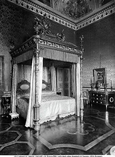The bed of the last Grand Dukes of Tuscany, in one of the Royal Apartments of the Palazzo Pitti, Florence