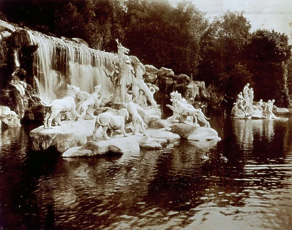 The cascade known as Diana's Bath in the Royal Park of Caserta. In the foreground the statues of Diana and Actaeon