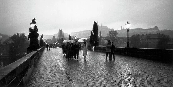 The Charles Bridge in Prague in a rainy day
