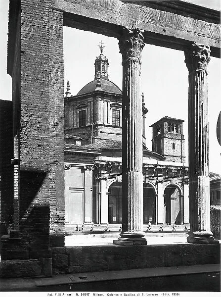 The Church of S.Lorenzo Maggiore in Milan. On the first floor, two of the sixteen Roman columns which were probably brought in the fourth century from an unidentified building, perhaps a pagan temple from imperial times