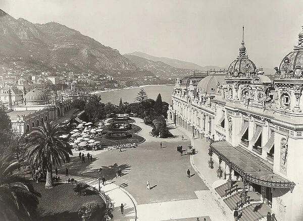 The city of Montecarlo: on the left is the Cafe de Paris with its square opposite, on the right is the theatre of Casino. Principality of Monaco, France