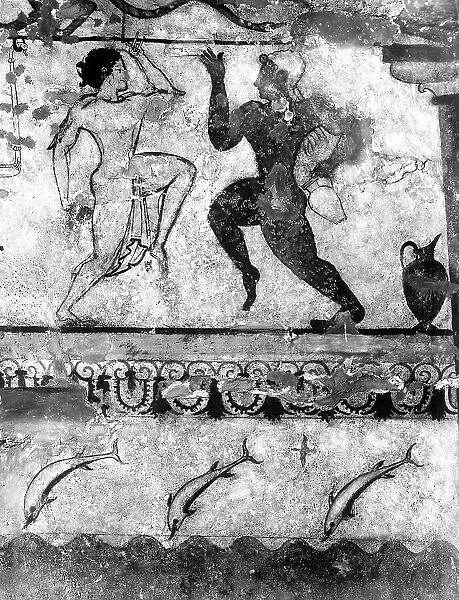 Two dancers. Detail of a wall mural in the Tomb of the Lionesses in Tarquinia, near Viterbo