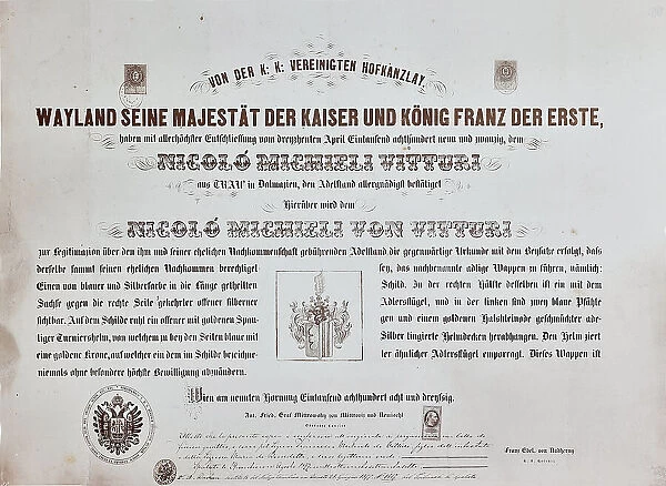 Document containing the following inscription: Reappointment of the Certificate of Nobility to Nicol Michieli Vitturi document (captain) and his heirs, which took place on 13.04.1829 by the Office of the Registry of the Court of the Emperor Francis I