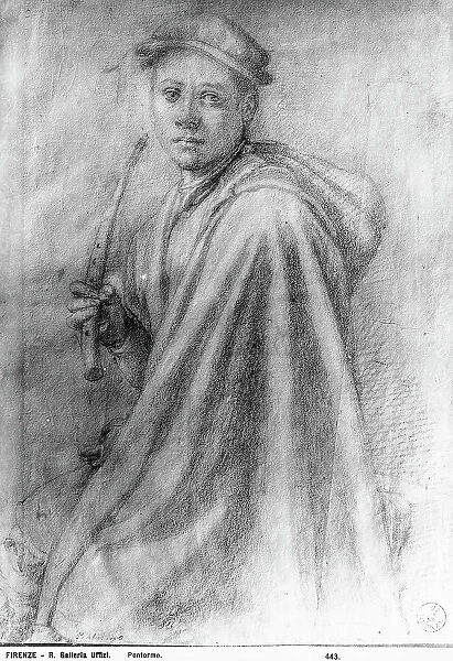 Drawing by Pontormo with a representation of a youth with a musical instrument. Work preserved in the Room of Drawings and Prints in the Museum of the Uffizi