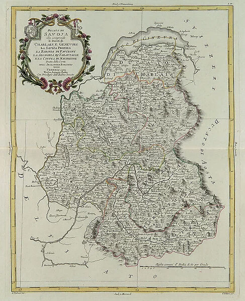 Duchy of Savoy including the Duchies of Chablais and Genevois, Savoy, the Barony of Faucigny, the Signoria of Tarantaise and the County of Maurienne, engraving by G. Zuliani taken from Tome II of the 'Newest Atlas' published in Venice in 1782 by Antonio Zatta, Private Collection