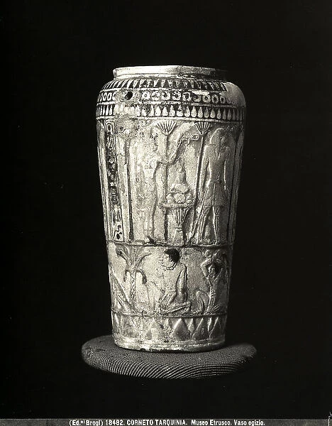 Egyptian vase from an Etruscan tomb with the name of the Pharaoh Bocchoris decorated with a bas relief, at the Tarquinia National Museum in Tarquinia