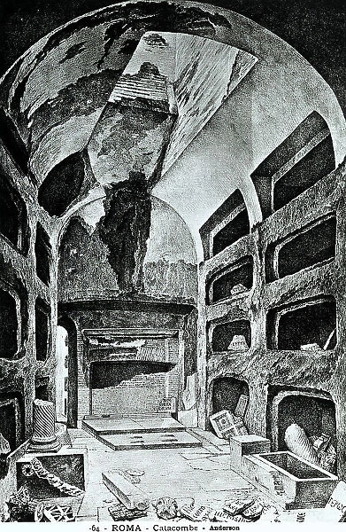 Engraving depicting the Catacombs in Rome