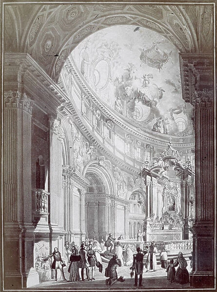 Engraving of the inside of the Shrine of Vicoforte, near Mondov. The church is crowded with people attending a service