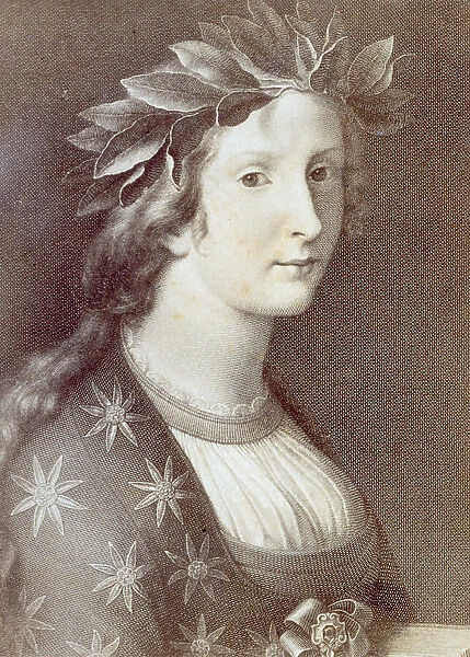 Engraving of the painting by Carlo Dolci entitled Poetry'. The engraving shows a young woman in renaissance attire with a laurel wreath on her head, allegory of poetry
