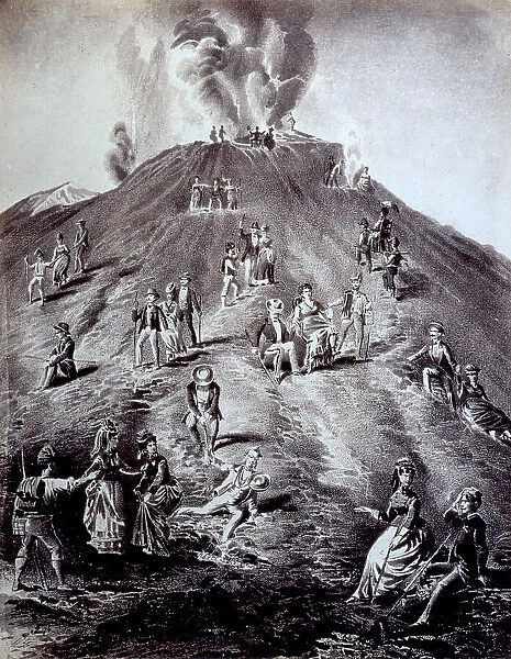 Engraving showing Mount Vesuvius erupting. There are numerous groups of people, some fleeing, others observing the event