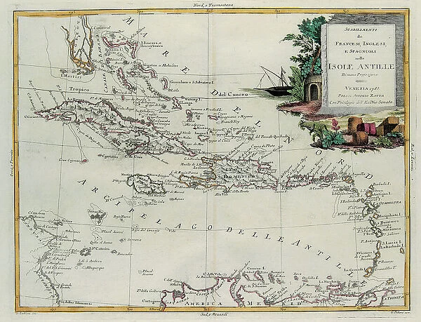 Establishments of the French, English and Spanish on the Antilles Islands, engraving by G. Zuliani taken from Tome IV of the 'Newest Atlas' published in Venice in 1785 by Antonio Zatta, Private Collection