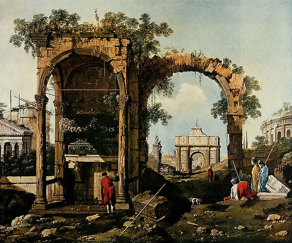 Fantastic landscape with ruins, oil on canvas, Canaletto, Giovanni Antonio Canal, called (1697-1768), exhibited at the Second National Exhibition of Works of Art Recovered in Florence