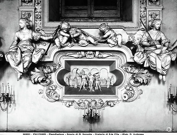 The Flagellation, detail of the stucco decorations by Giacomo Serpotta in the Oratory of S. Lorenzo, Palermo. In the upper part are allegorical statues with putti