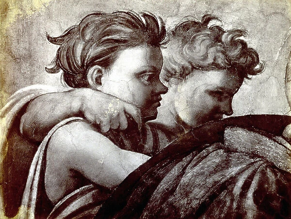 Detail of a fresco by Michelangelo, in the vault of the Sistine Chapel in Rome. The picture focuses on two putti shown behind the prophet Zachariah