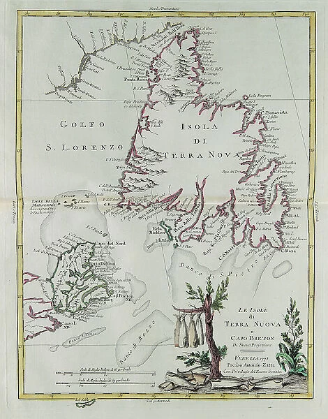 The islands of Newfoundland and Cape Breton, engraving by G. Zuliani taken from Tome I of the 'Newest Atlas' published in Venice in 1778 by Antonio Zatta, Private Collection