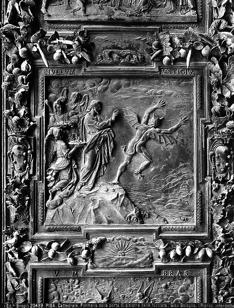 Jesus Christ tempted by Devil in the desert, sculpture work from Giambologna's school, collocated in the left portal panel of the Cathedral of Pisa