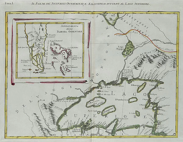 Land of the Ottawa and Kilistine Indians around Lake Superior and a supplement of eastern Florida, engraving by G. Zuliani taken from Tome I of the 'Newest Atlas' published in Venice in 1778 by Antonio Zatta, Private Collection
