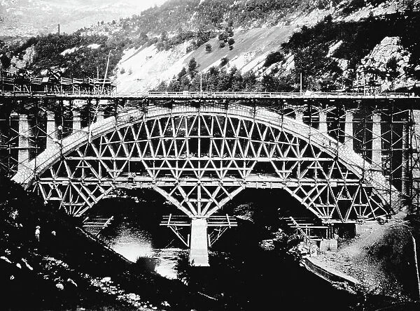 A large bridge under construction, near Gorizia, with wooden bracing