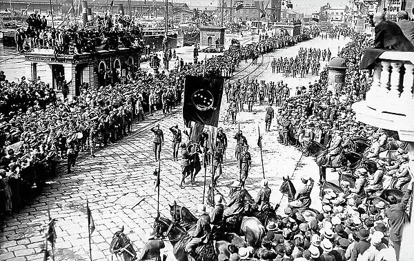Military parade in a road of Fiume. The image was taken during the city occupation of Fiume by part of the Italian legionary troops, headed by Gabriele D'Annunzio