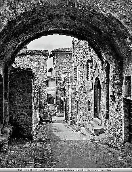 A narrow street in Assisi, with the house of friar Bernardo Quintavalle, one of St. Francis'companions