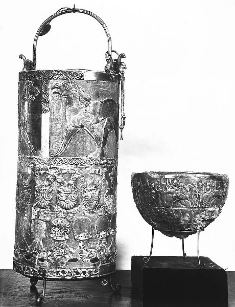An Oriental-style situla and a silver cup from the Regolini Galassi Tomb, in the Gregorian Etruscan Museum at the Vatican Museums, Vatican City