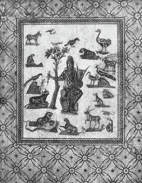 Orpheus playing his lyre, charming the animals. Roman mosaic on display in the Salone dei Mosaici at the Regional Archaeological Museum in Palermo