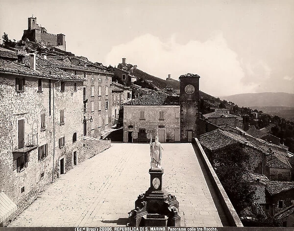 Panorama of San Marino with the three Fortresses. In the foreground is Piazza della Libert with the statue in the center of the same name by Stefano Galletti