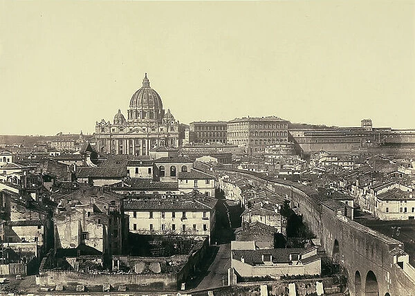 Panoramic view over the rooftops of Rome with the Basilica di San Pietro and other Vatican buildings