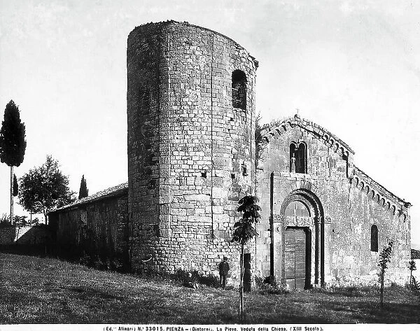 Parish church of Corsignano characterized by a simple facade and by a cropped cylindirical bell tower, Pienza