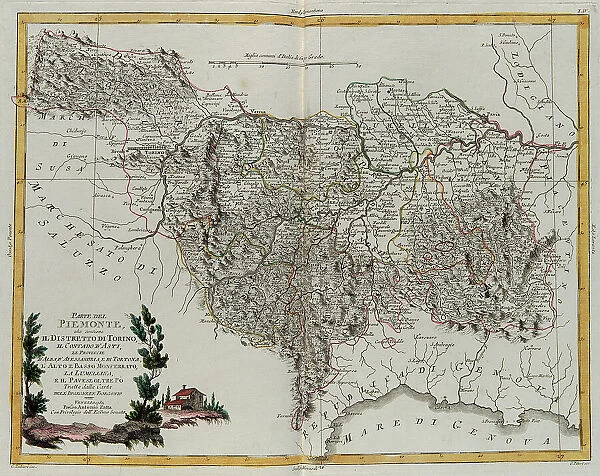 The part of Piedmont that contains the District of Turin, Contado of Asti, the provinces of Alba, Allesandria and Tortona, Upper and Lower Monferrato, Lumellina and Pavese Oltre Po, engraving by G. Zuliani taken from Tome II of the 'Newest Atlas' published in Venice in 1782 by Antonio Zatta, Private Collection