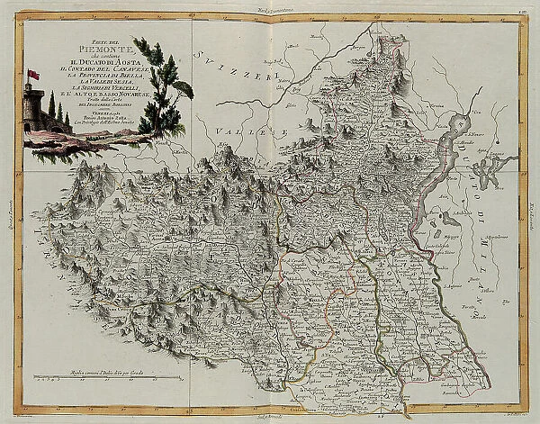 The part of Piedmont that contains the Duchy of Aosta, the Contado of Canavese, the province of Biella, Valle di Sesia, Signoria di Vercelli and the Upper and Lower Novarese, engraving by G. Zuliani taken from Tome II of the 'Newest Atlas' published in Venice in 1782 by Antonio Zatta, Private Collection