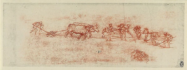 Plowing, sanguine drawing on white paper by Leonardo da Vinci and preserved at the Royal Library of Windsor