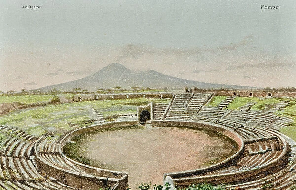 Pompeii amphitheater and Vesuvius in the background; postcard, color printing