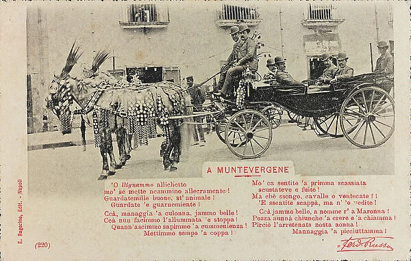 Portrait of a group of men in a carriage ('A Muntevergene'), postcard