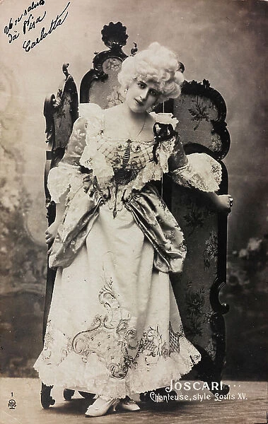 Portrait of Mademoiselle Joscari, French opera singer, in eighteenth-century costumes; postcard