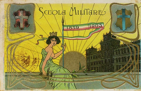 Postcard 'Military School 1859 - 1903' with the allegorical representation of Italy