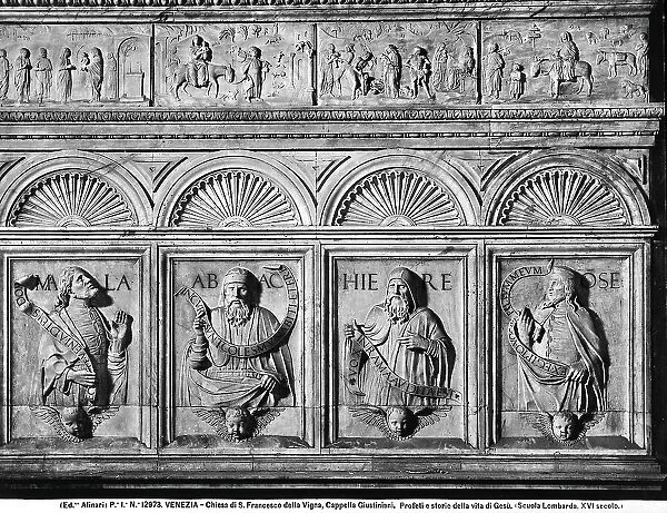 The Prophets Malachias, Habakkuk, Jeremiah and Moses with, above them, episodes from the life of Christ. Bas-reliefs by Tullio Lombardo, located in the chapel of the Giustiniani family in the Church of San Francesco della Vigna, in Venice