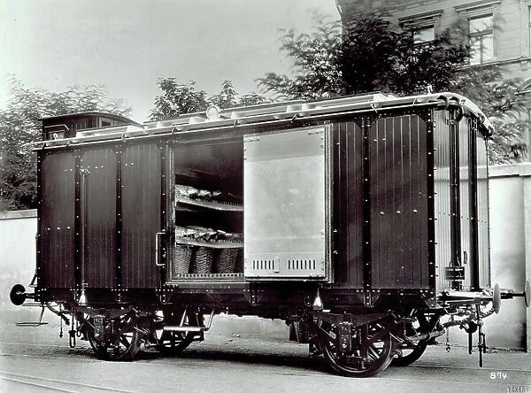 Refrigerator wagon of the romanian state railways used for the transport of fish. On the interior of the wagon baskets and fish in papier-mache