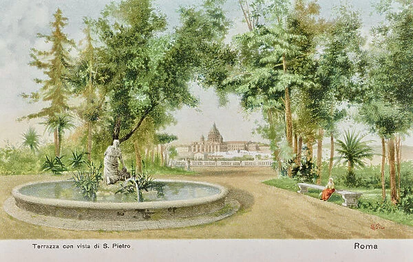 'Roma - Terrazza con vista di San Pietro'; postcard, color printing