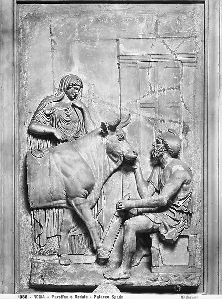 Roman Imperial slab with carved relief depicting a mythological scene--Daedalus constructing a hollow cow for Pasiphae; it is in the Corridoio dei Bassorilievi of Palazzo Spada, Rome