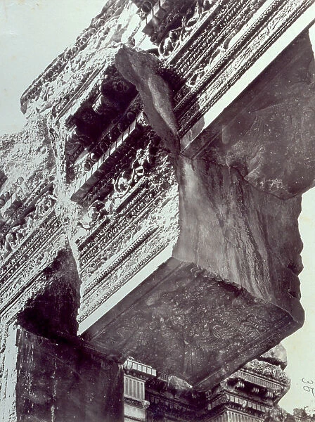 Segment of trabeation decorated with friezes, detail of a monument in the archaeological site of Heliopolis in Baalbek in Lebanon