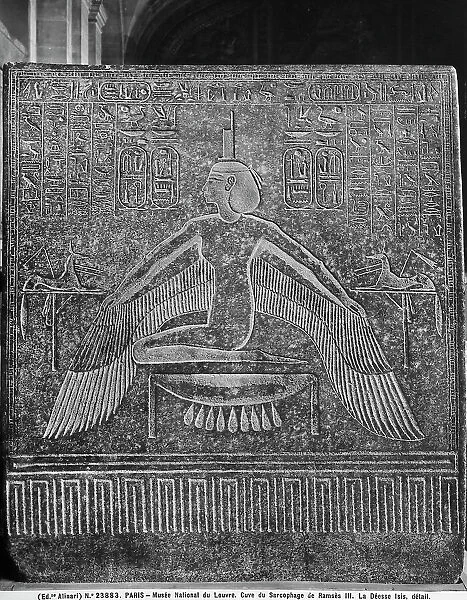 Detail of the short side of the pink granite tub holding the sarcophagus of the Pharaoh Ramses III with a relief depicting the winged goddess Isis; the work is preserved in the Louvre Museum, Paris