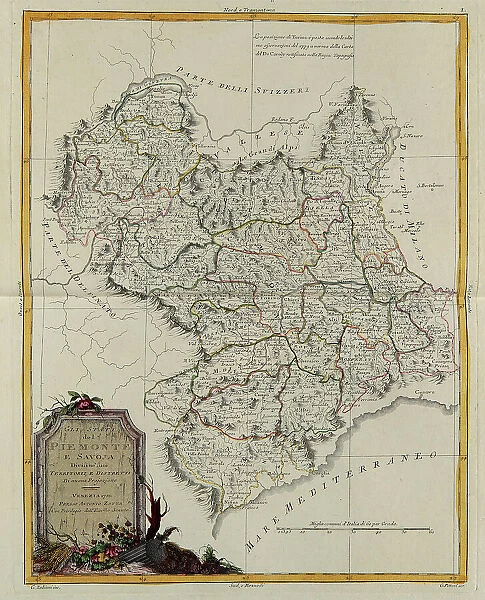 The States of Piedmont and Savoy divided into their territories and districts, engraving by G. Zuliani taken from Tome II of the 'Newest Atlas' published in Venice in 1782 by Antonio Zatta, Private Collection